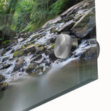 Large abstract wall art depicting the Durham, North Carolina skyline in muted blue and gray tones on acrylic glass.