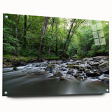 Acrylic print of a large abstract depiction of Durham, North Carolina in muted blues and greens.