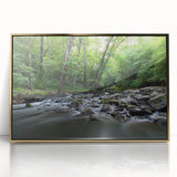 Large art print of Durham, North Carolina skyline in mid-century modernist style, framed in acrylic with gold tones.