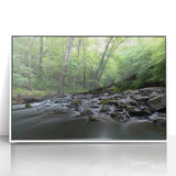 Art deco style poster of Durham, North Carolina skyline in muted gray and blue tones on framed acrylic.