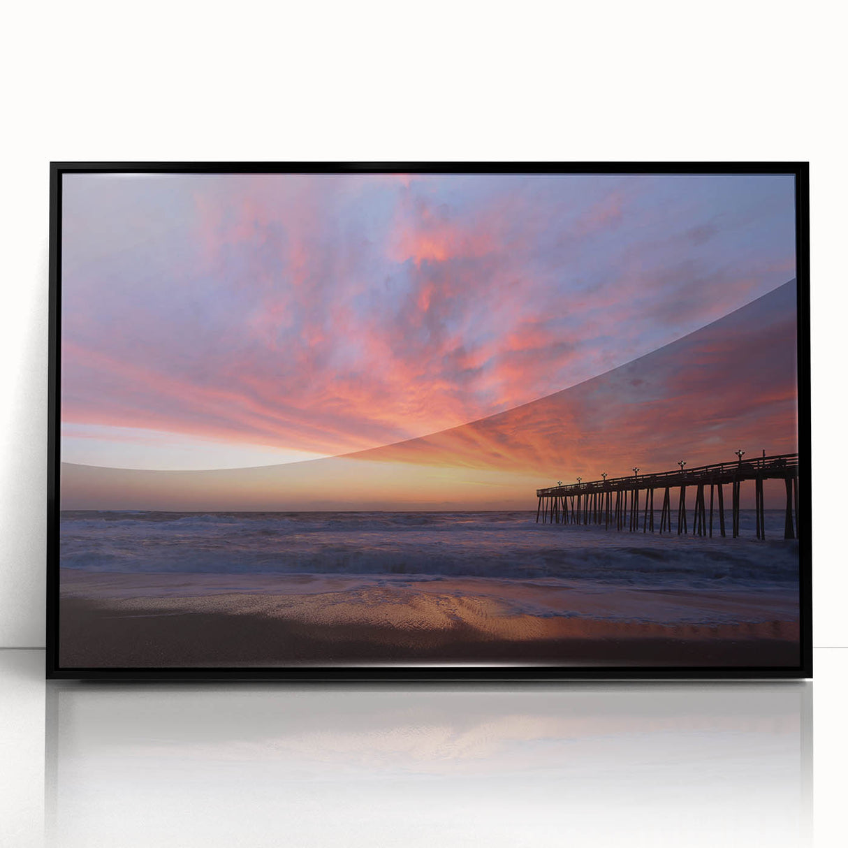 Large abstract wall art depicting the Outer Banks in muted gray tones, framed in black acrylic.
