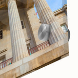 Large abstract wall art of Raleigh skyline in muted earth tones on acrylic glass, ideal for dining room ambiance.