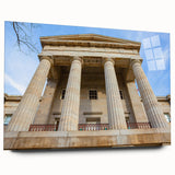 Large abstract acrylic print of Raleigh skyline in muted gray and blue tones, ideal for bedroom or dining room art.