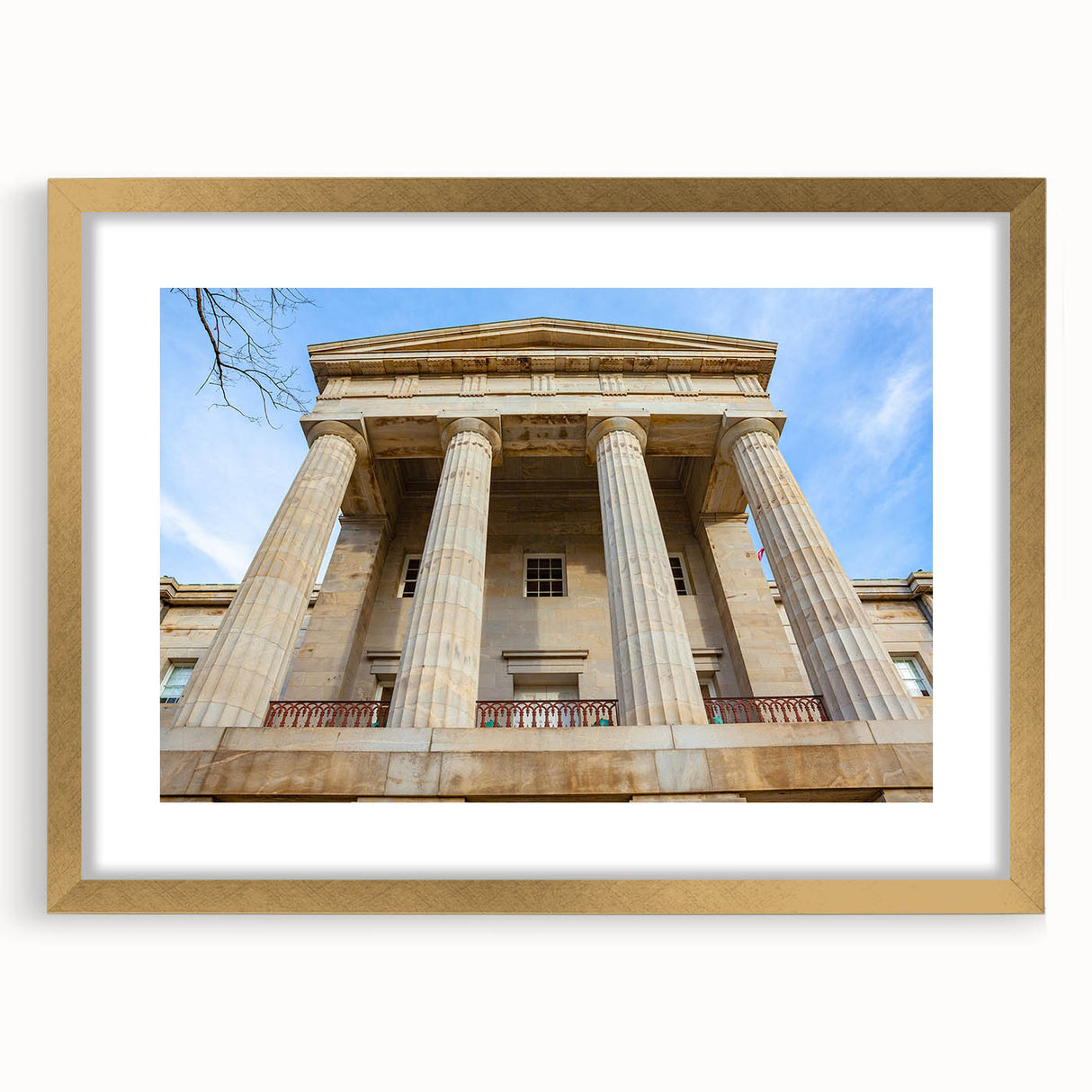 Extra large abstract art print of Raleigh skyline in textured gold frame, ideal for living room decor.