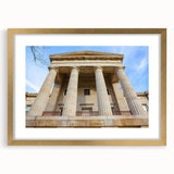 Extra large abstract art print of Raleigh skyline in textured gold frame, ideal for living room decor.