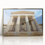 Mid-century modernist art of Raleigh skyline in muted earth tones on a framed acrylic, ideal for modern art wall decor.