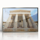 Mid-century modernist art of Raleigh skyline in muted colors on a silver-framed acrylic print, suitable for nursery wall art.