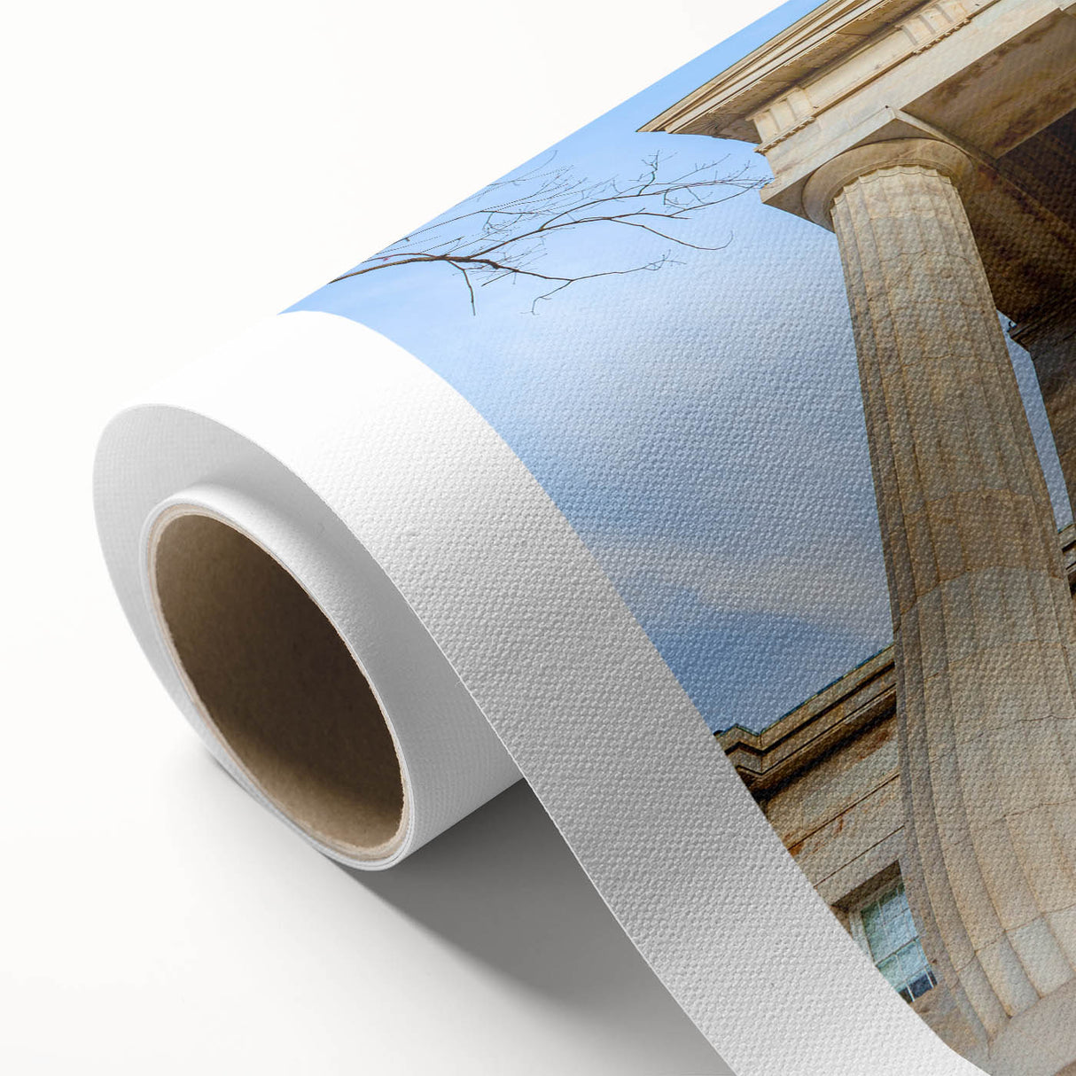 Art deco poster of Raleigh skyline in pastel shades on rolled canvas, suitable for nursery wall art.