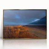 Acrylic print of a North Dakota landscape in gold frame, featuring mid-century modernist style, ideal for nursery wall decor.