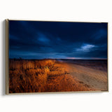 Framed canvas featuring a vintage-style landscape painting of North Dakota plains in muted gold and black tones.