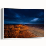 Vintage poster art of North Dakota scenery on a white framed canvas, featuring muted earth tones.