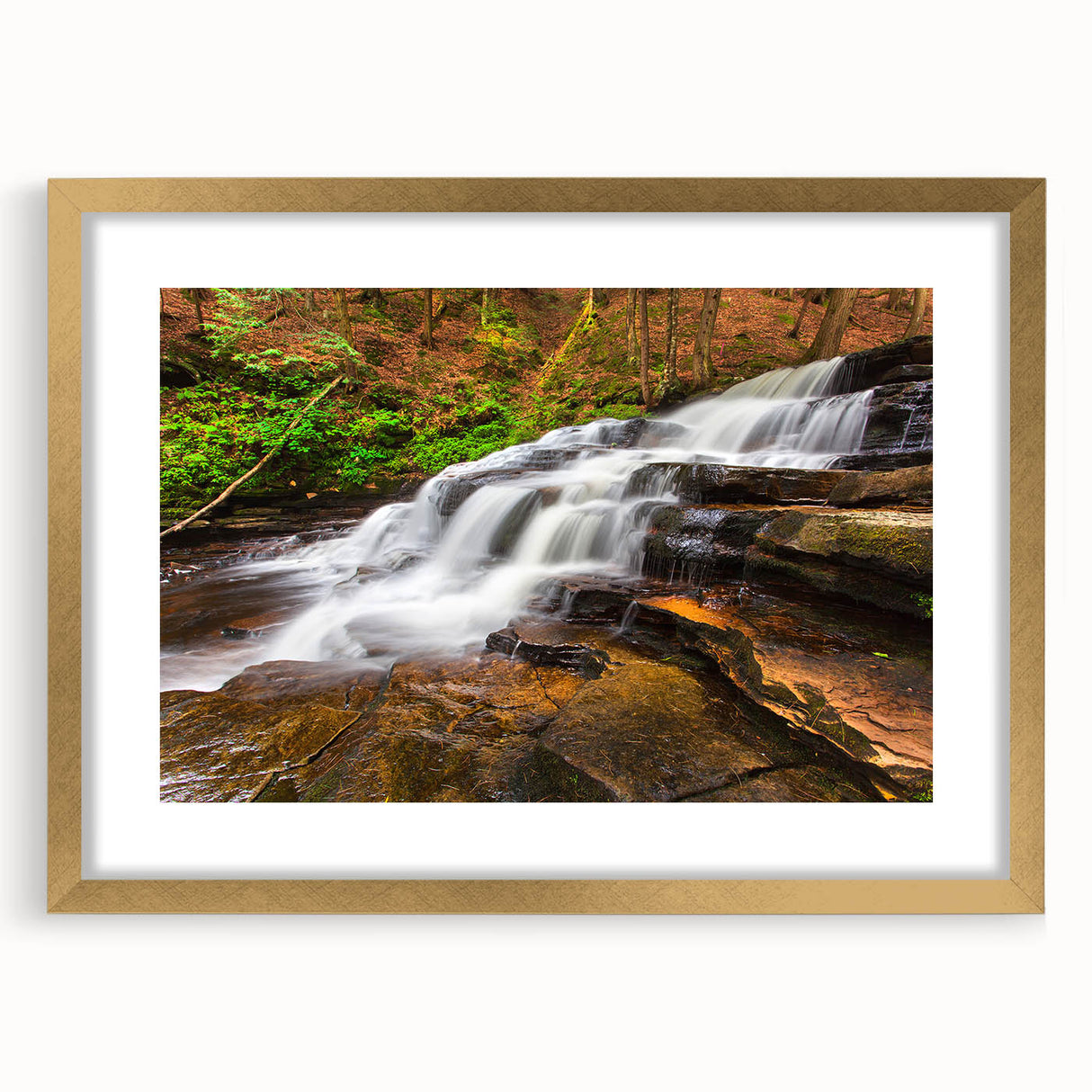 Extra large abstract art print of Adirondack scenery in textured gold frame, ideal for living room decor.