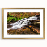 Extra large abstract art print of Adirondack scenery in textured gold frame, ideal for living room decor.