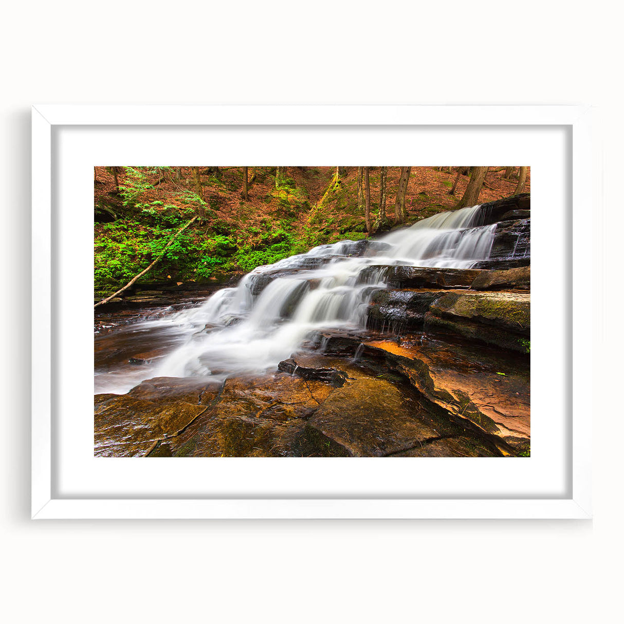 Abstract art print of Adirondacks landscape in muted earth tones on a framed white canvas.