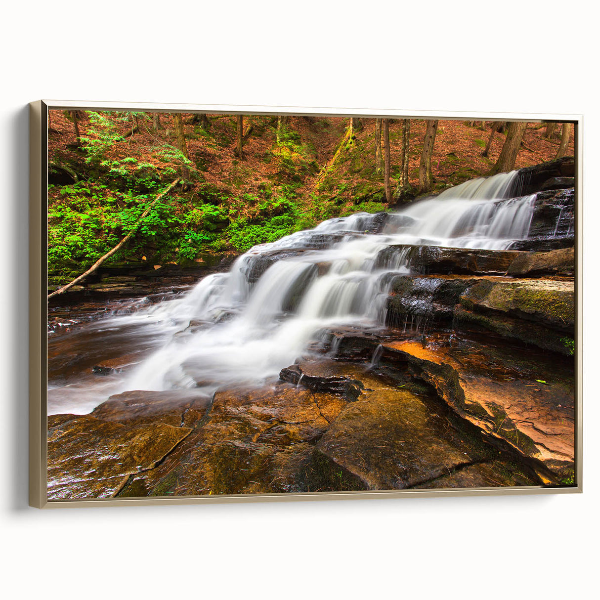 Framed canvas featuring a vintage-style landscape painting of the Adirondacks, with muted earth tones.