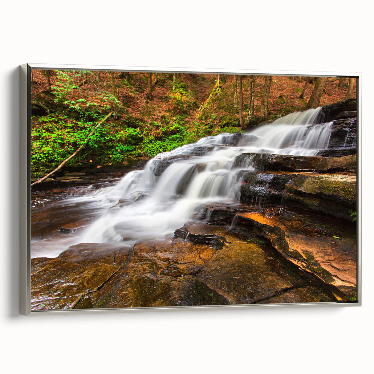 Landscape art painting of Adirondacks with colorful trees and lake on silver-framed canvas, ideal for living room decor.