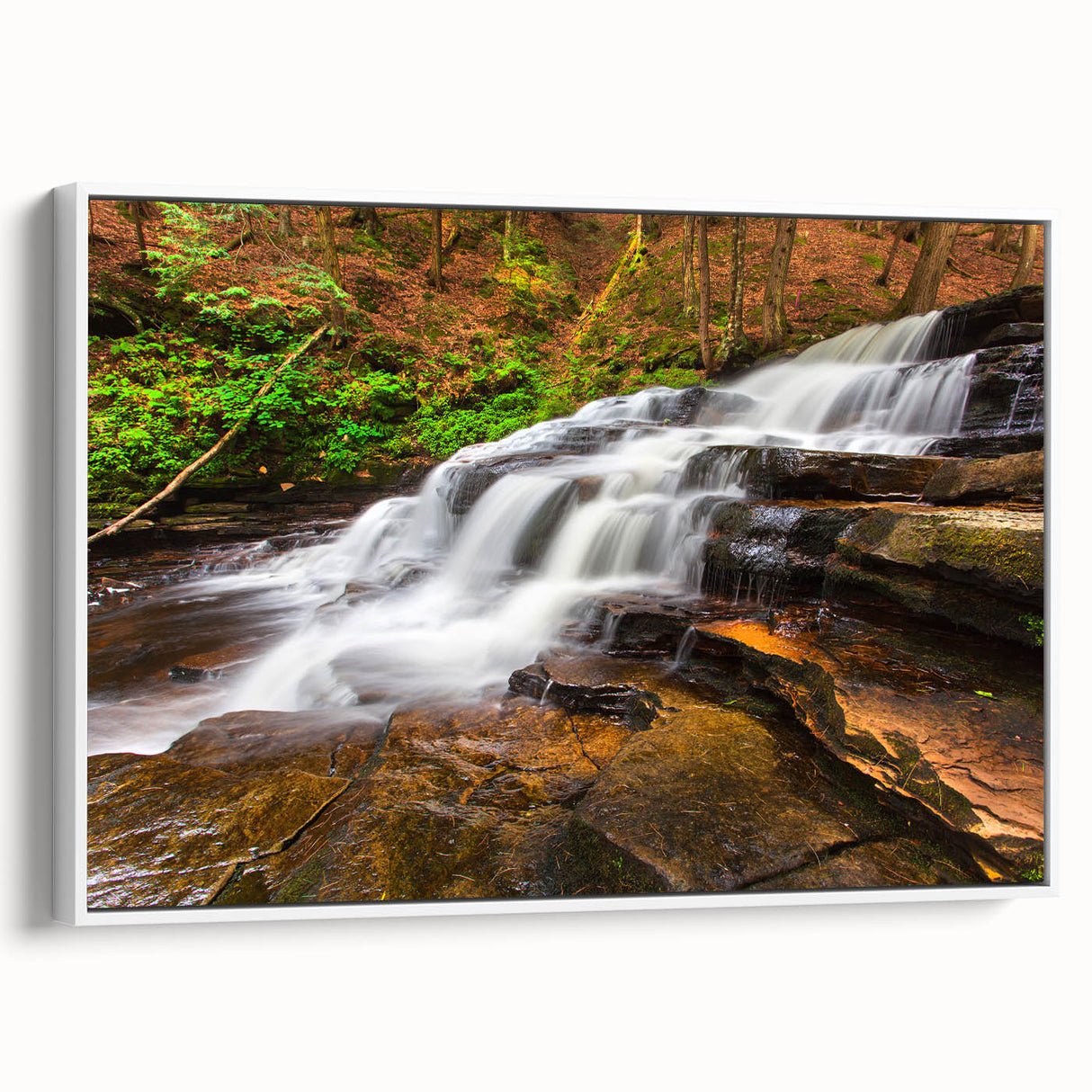 Vintage poster art of Adirondacks with colorful foliage on extra large framed canvas, ideal for living room decor.