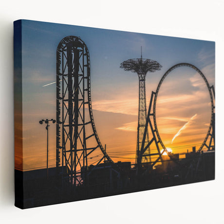 Side view of a stretched canvas featuring a vibrant scene of Coney Island, ideal for kitchen wall art.