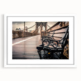 Abstract art print of Long Island scenery in muted gray and blue tones on a white framed poster, ideal for dining room decor.