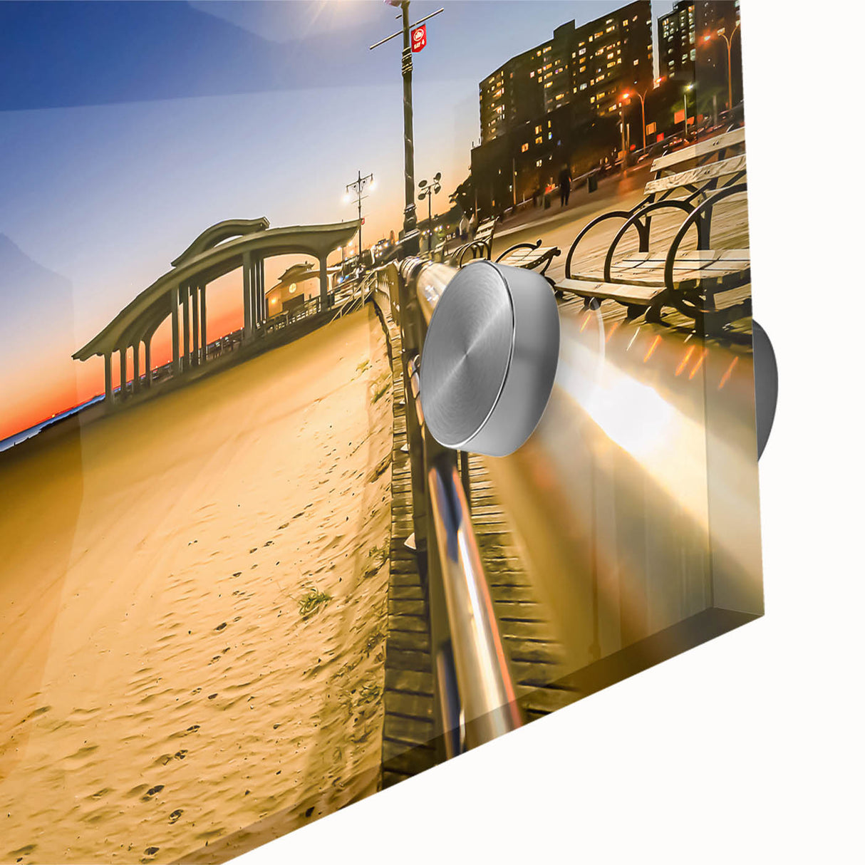 Large abstract depiction of the Brooklyn skyline in muted earth tones on acrylic glass, suited for dining room art.