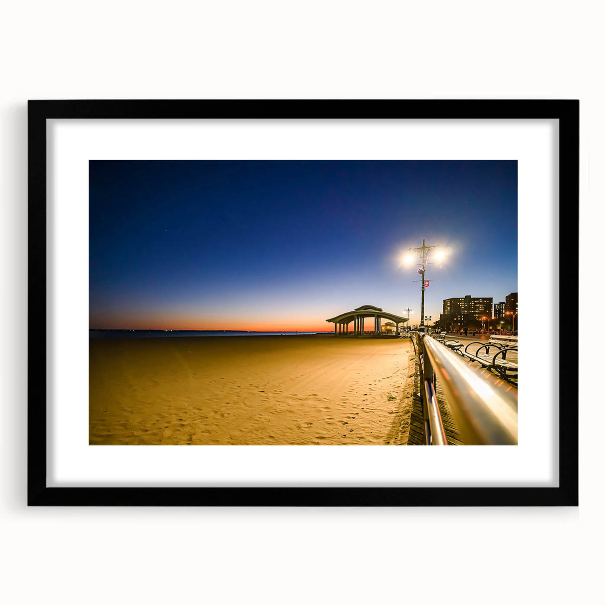 Extra large, abstract art print of colorful, textured Brooklyn scenery on a black framed canvas, ideal for living room decor.