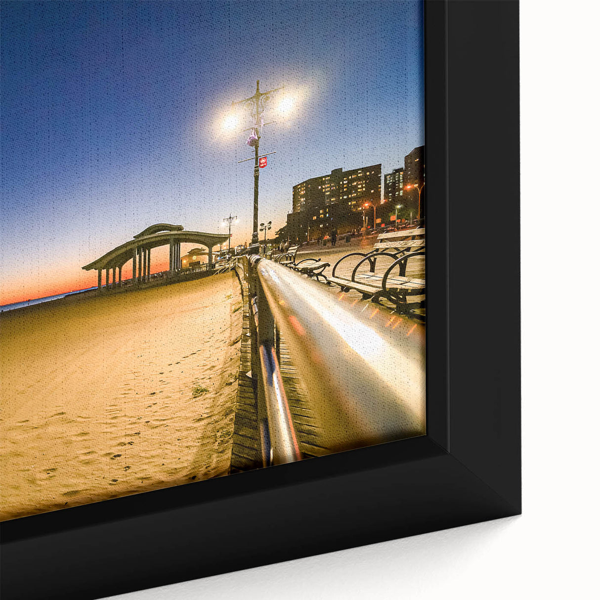 Extra large framed canvas of a textured, colorful Brooklyn skyline on black background, ideal for living room decor.