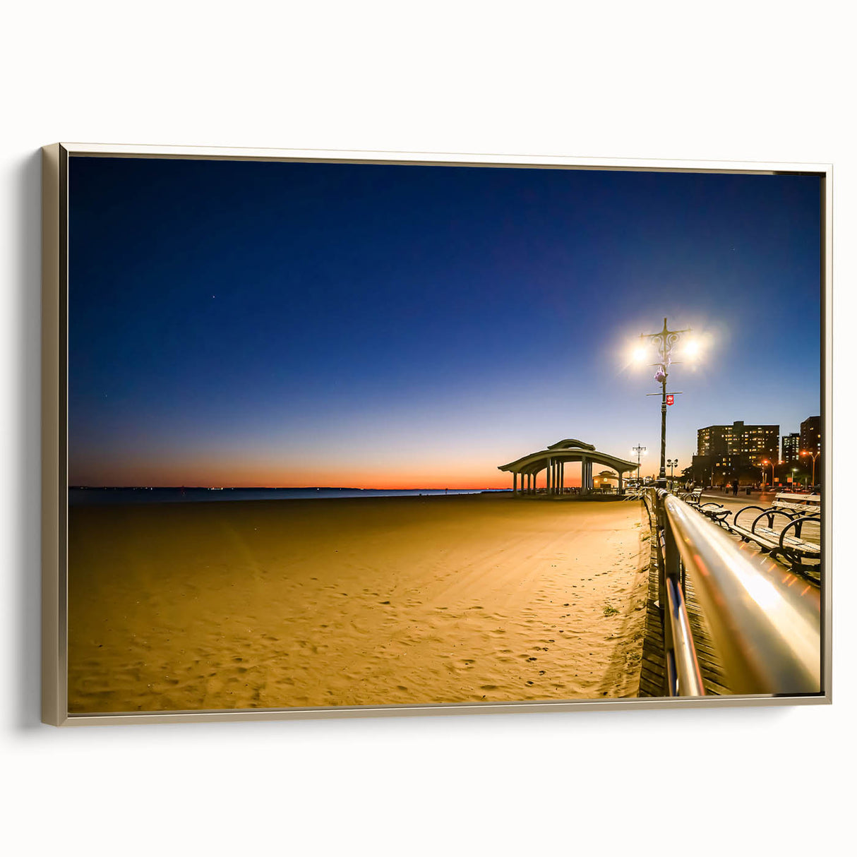 Framed canvas featuring a vintage-style Brooklyn landscape in black and gold tones, ideal for bedroom wall art.