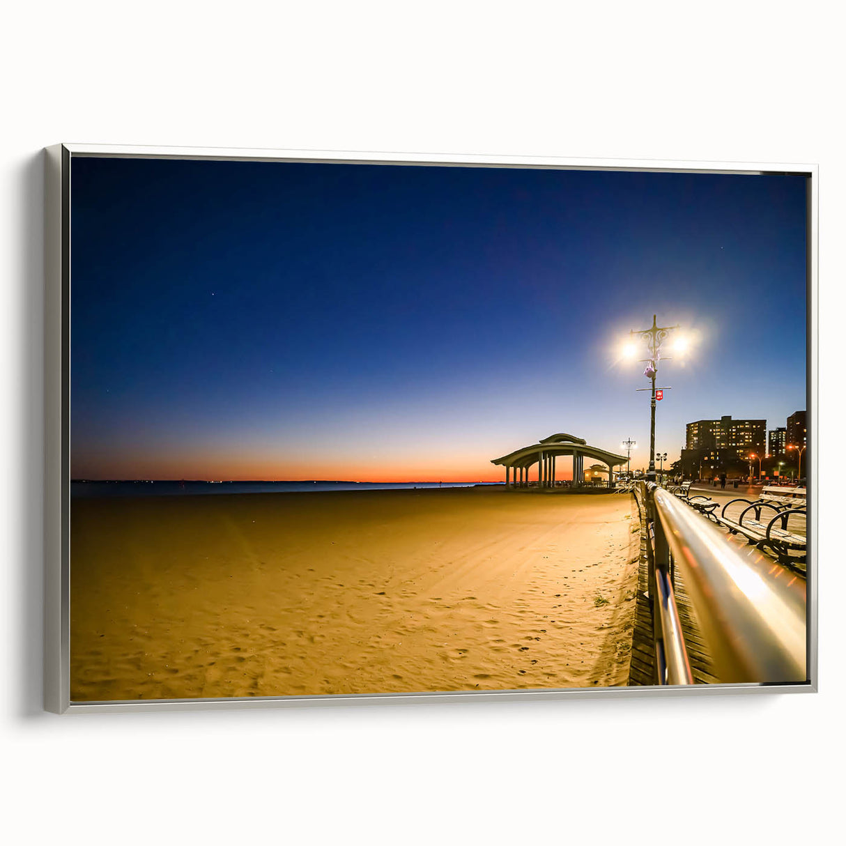 Framed canvas featuring a vintage-style New York City landscape in black with colorful accents, ideal for office decor.