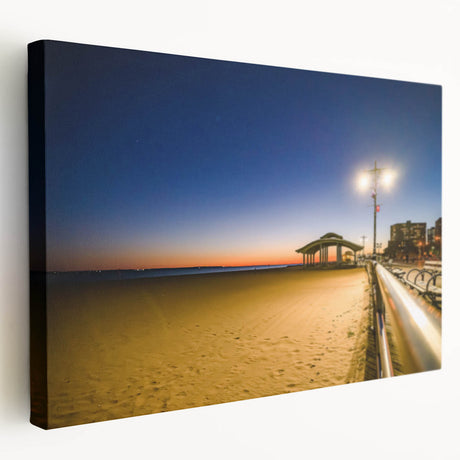 New York City skyline at dusk depicted in muted gray and blue tones on a large stretched canvas, ideal for kitchen wall art.