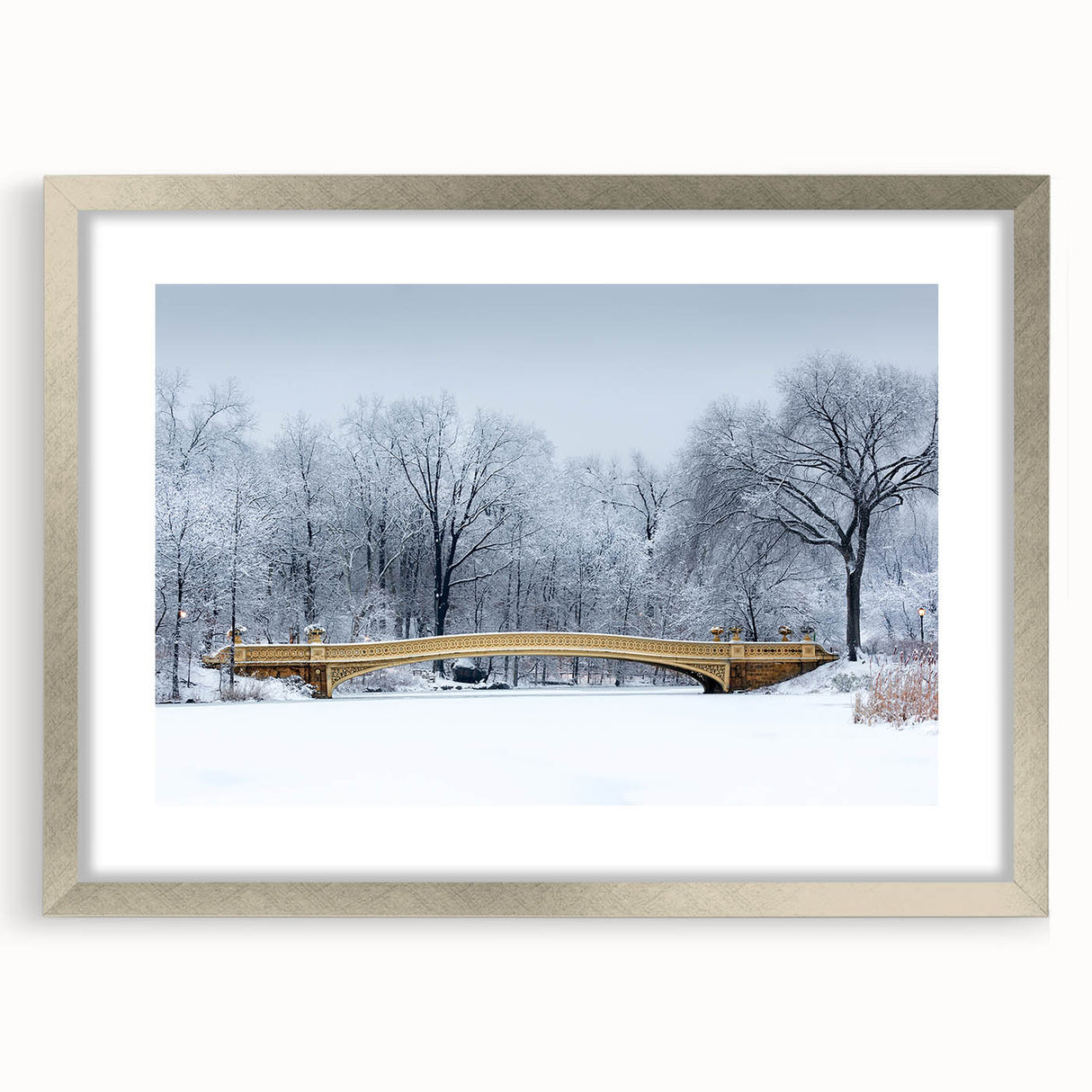 Textured art print of Central Park in abstract style, featuring muted green and brown tones on a framed silver mat.