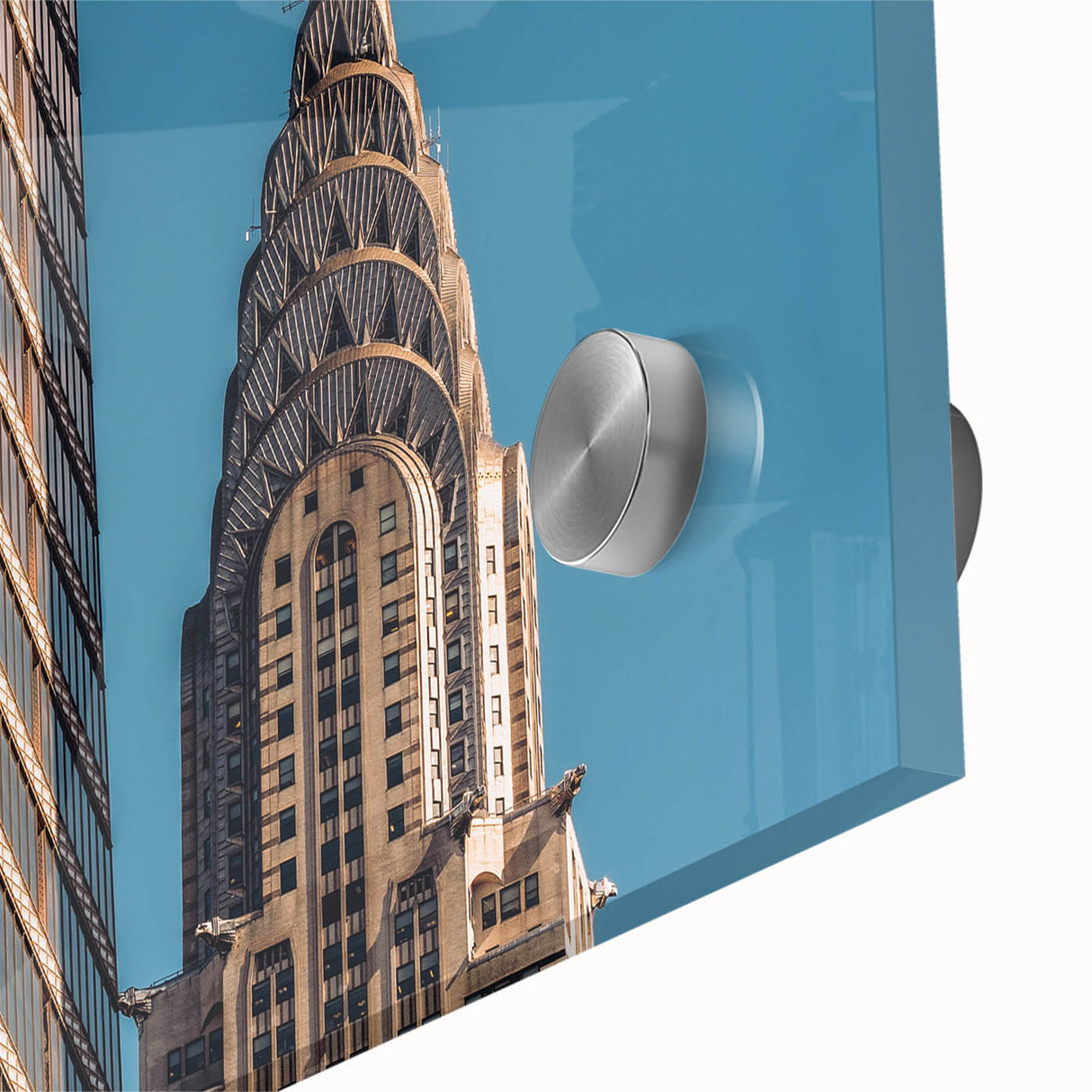 Acrylic print of the Chrysler Building in muted gray tones, ideal for dining room art in a mid-century modernist style.