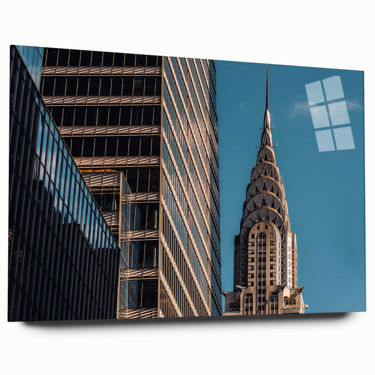 Side view of a large abstract acrylic print featuring the Chrysler Building, using gray and metallic tones.
