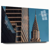 Side view of a large abstract acrylic print featuring the Chrysler Building, using gray and metallic tones.