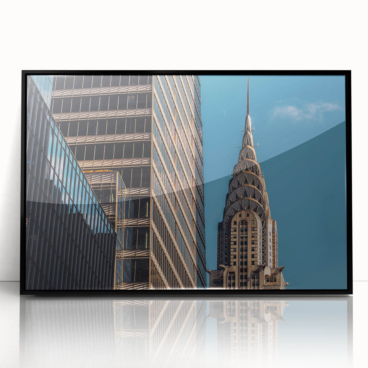 Large abstract wall art of the Chrysler Building in muted gray tones on a framed acrylic, ideal for modern office decor.