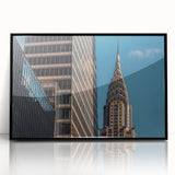 Large abstract wall art of the Chrysler Building in muted gray tones on a framed acrylic, ideal for modern office decor.
