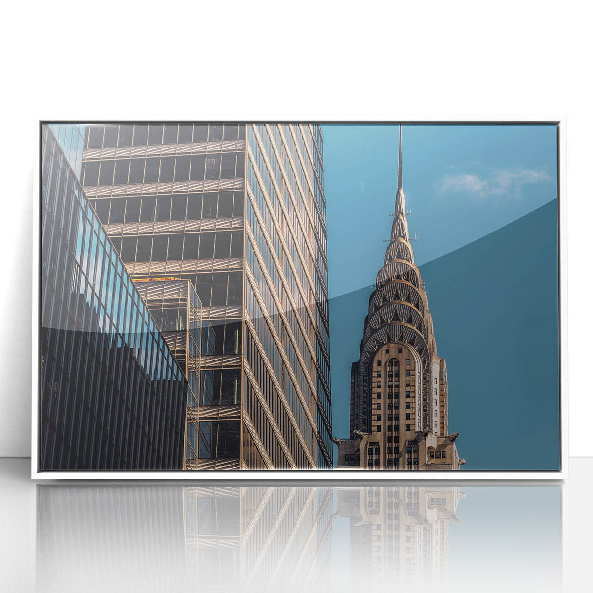 Art Deco style poster of the Chrysler Building in muted silver and white tones, acrylic framed.