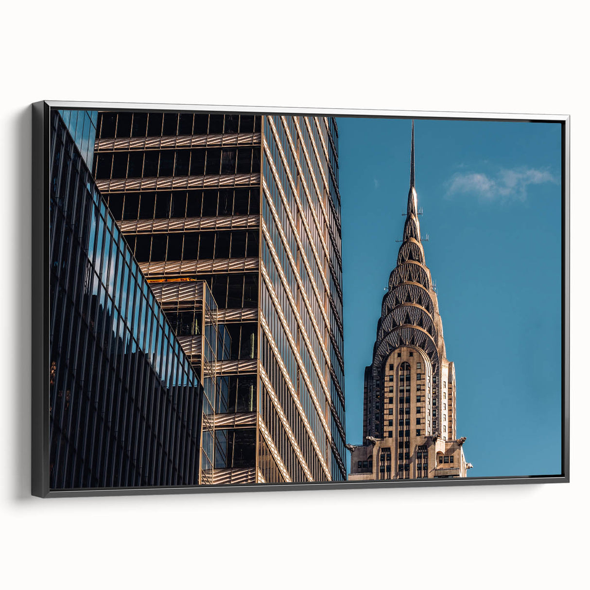 Black and white framed canvas of the Chrysler Building, ideal for bedroom wall art in a vintage poster style.