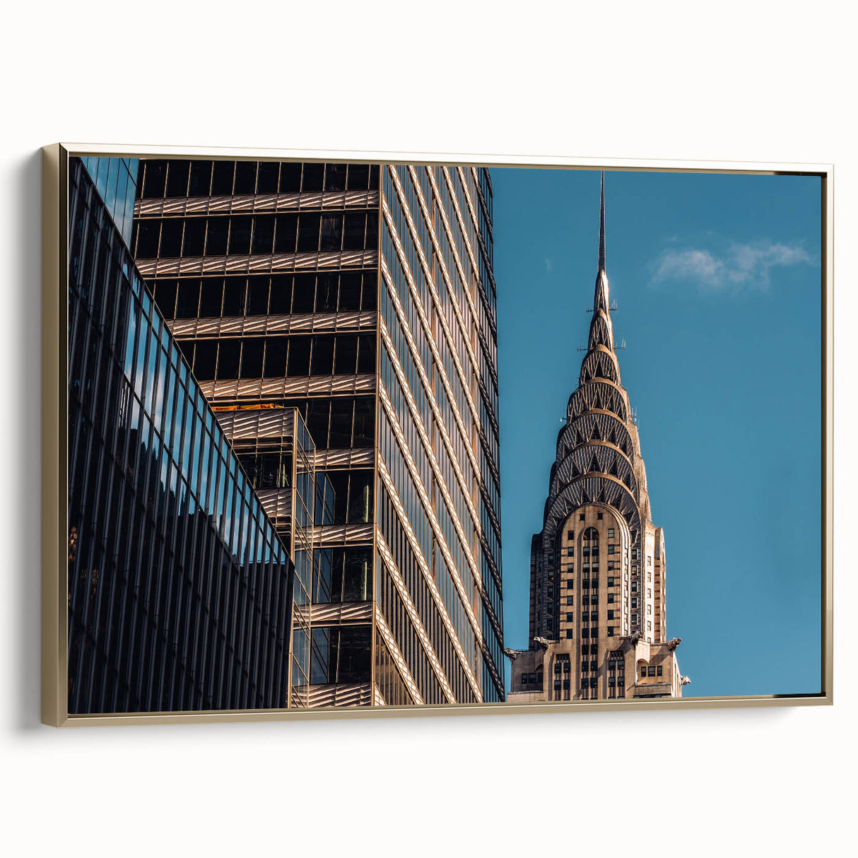 Side view of the Chrysler Building in gold and black tones on a framed canvas, suitable for bedroom wall art.