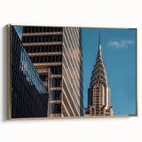 Side view of the Chrysler Building in gold and black tones on a framed canvas, suitable for bedroom wall art.