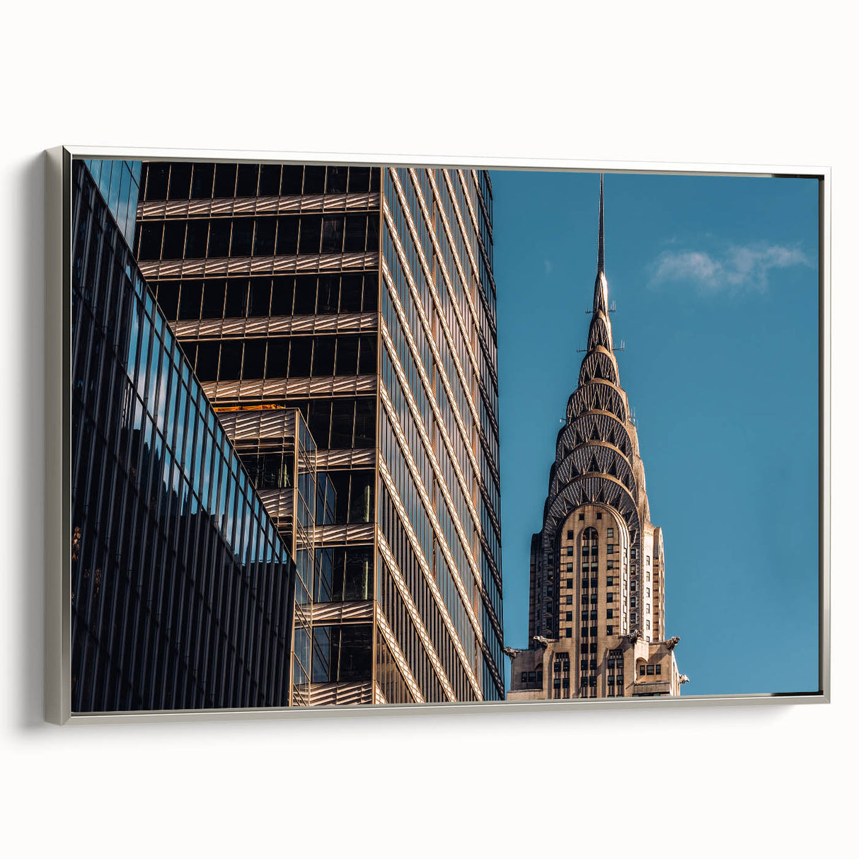 Landscape art painting of the Chrysler Building in black and silver tones on a framed canvas, suitable for office decor.