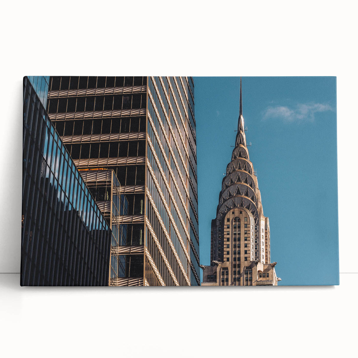 Black and white stretched canvas of the Chrysler Building, ideal for kitchen wall art or bedroom ambiance.