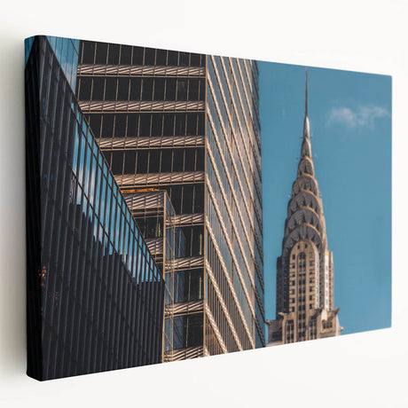 Side view of a large art print featuring the Chrysler Building in grayscale, stretched canvas format.
