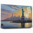 Large abstract wall art of NYC's Ellis Island in muted gray tones on acrylic glass.