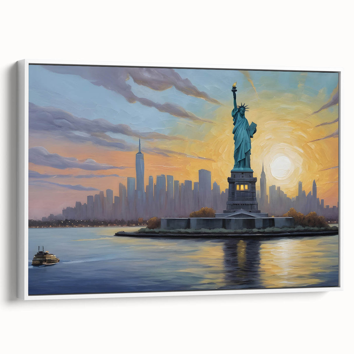 Vintage poster art of Ellis Island in colorful hues on a large framed canvas, suitable for living room decor.