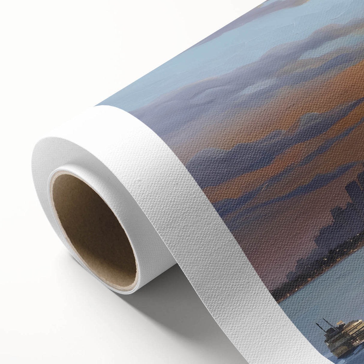 Art deco poster of Ellis Island with muted blue and peach tones on rolled canvas.