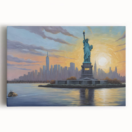 Ellis Island depicted in muted earth tones on a large stretched canvas, suitable for kitchen wall art.