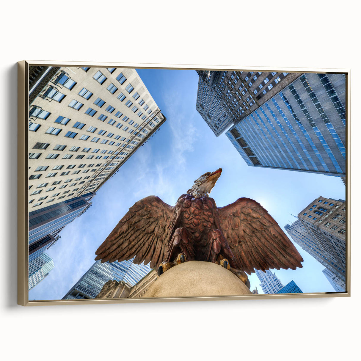 Framed canvas of New York City Grand Central in vintage poster style with black and gold tones.