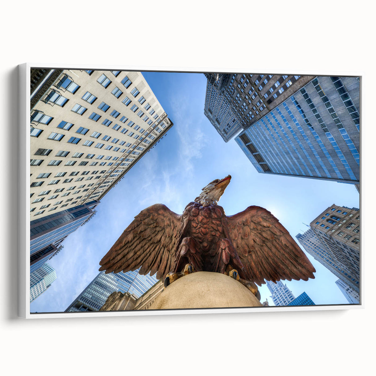 Vintage poster art of NYC Grand Central in colorful tones on a large framed canvas, ideal for living room decor.