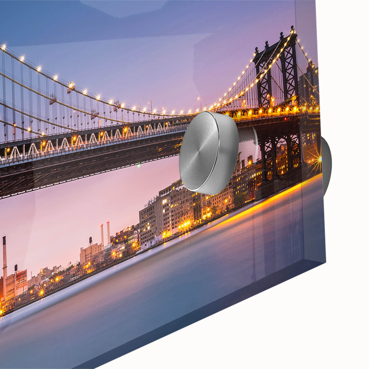 Acrylic print of Manhattan Bridge in muted grays and blues, large abstract style, ideal for dining room art.