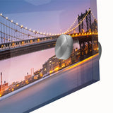 Acrylic print of Manhattan Bridge in muted grays and blues, large abstract style, ideal for dining room art.
